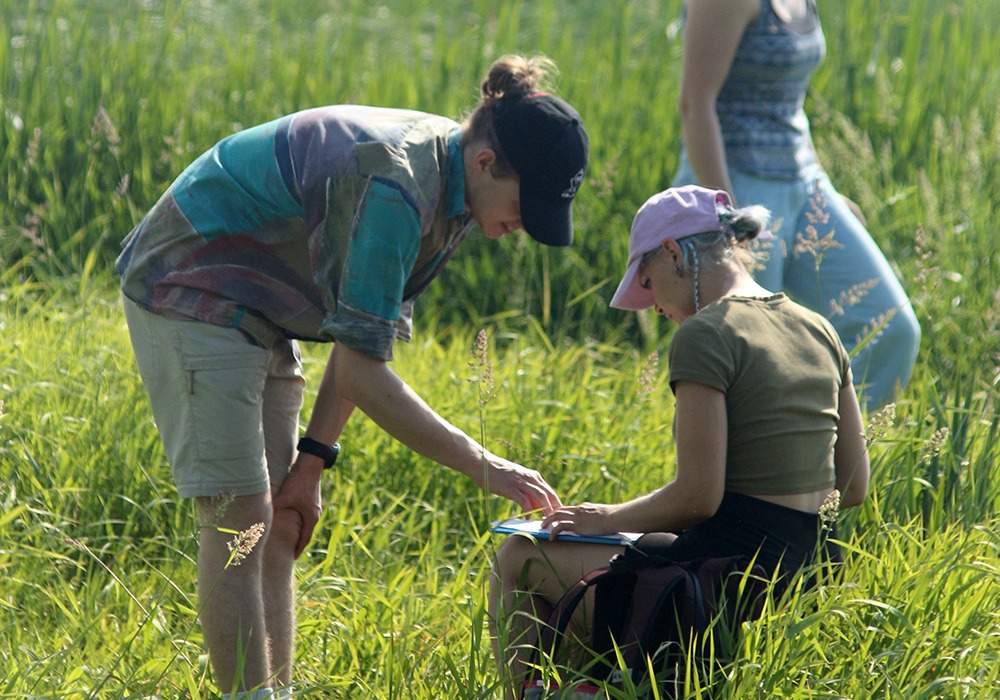 Bionik Studierende auf der Wiese während einer Exkursion. Eine Studentin sitzt im Gras und hat ein Klemmbrett auf den Knien, ein weiterer Student beugt sich zu ihr runter und beide schauen auf das Klemmbrett.