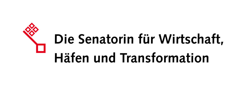 Rotes Schlüssellogo der Stadt Bremen, daneben der Schriftzug: Die Senatoring für Wirtschaft, Häfen und Transformation