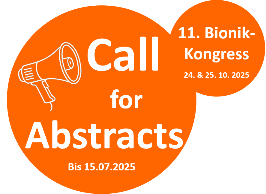 Oranger Kreis mit Megafon und dem Schriftzug: Call for Abstracts für den 11. Bionik Kongress am 24. & 25. Oktober 2025